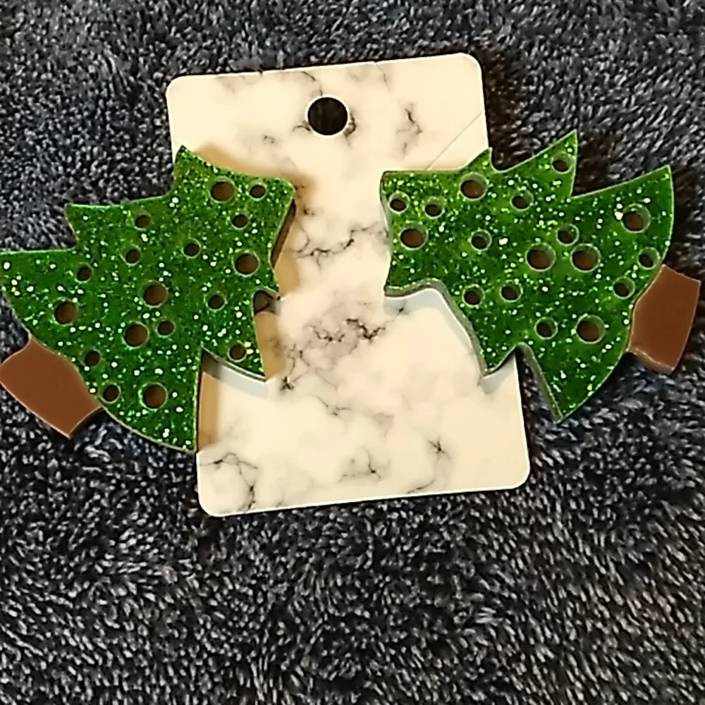 Acrylic Tree Christmas Earrings 1 3/4 x 2 inches Green Glitter & Brown